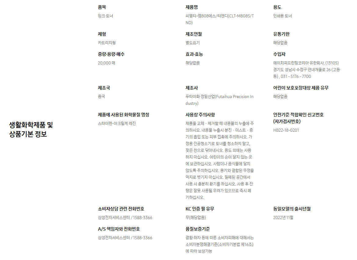 생활화학제품 및 상품기본 정보  품목 잉크∙토너    제품명 씨엘티-엠808에스/티엔디(CLT-M808S/TND)    용도 인쇄용 토너    제형 카트리지형    제조연월 별도표기    유통기한 해당없음    중량∙용량∙매수 20,000 매    효과∙효능 해당없음    수입자 에이치피프린팅코리아 유한회사, (13105)경기도 성남시 수정구 연내개울로 26 (고등동) , 031 - 5176 - 7700    제조국 중국    제조사 푸타이화 정밀산업(Futaihua Precision Industry)    어린이 보호포장대상 제품 유무 해당없음    제품에 사용된 화학물질 명칭 스타이렌-아크릴계 레진    사용상 주의사항 제품을 교체ㆍ제거할 때 내용물의 누출에 주의하시오. 내용물 누출시 분진ㆍ미스트ㆍ증기의 흡입 또는 피부 접촉에 주의하시오. 가정용 진공청소기로 토너를 청소하지 말고, 젖은 천으로 닦아내시오. 용도 외에는 사용하지 마십시오. 어린이의 손이 닿지 않는 곳에 보관하십시오. 사람이나 음식물에 닿지 않도록 주의하십시오. 용기와 결합된 뚜껑을 억지로 벗기지 마십시오. 밀폐된 공간에서 사용 시 충분히 환기를 하십시오. 사용 후 잔량은 잘못 사용될 우려가 있으므로 즉시 폐기하십시오.    안전기준 적합확인 신고번호(자가검사번호) HB22-18-0201    소비자상담 관련 전화번호 삼성전자서비스센터 / 1588-3366    KC 인증 필 유무 무(해당없음)    동일모델의 출시년월 2022년 11월    A/S 책임자와 전화번호 삼성전자서비스센터 / 1588-3366    품질보증기준 결함·하자 등에 따른 소비자피해에 대해서는 소비자분쟁해결기준(소비자기본법 제16조)에 따라 보상가능